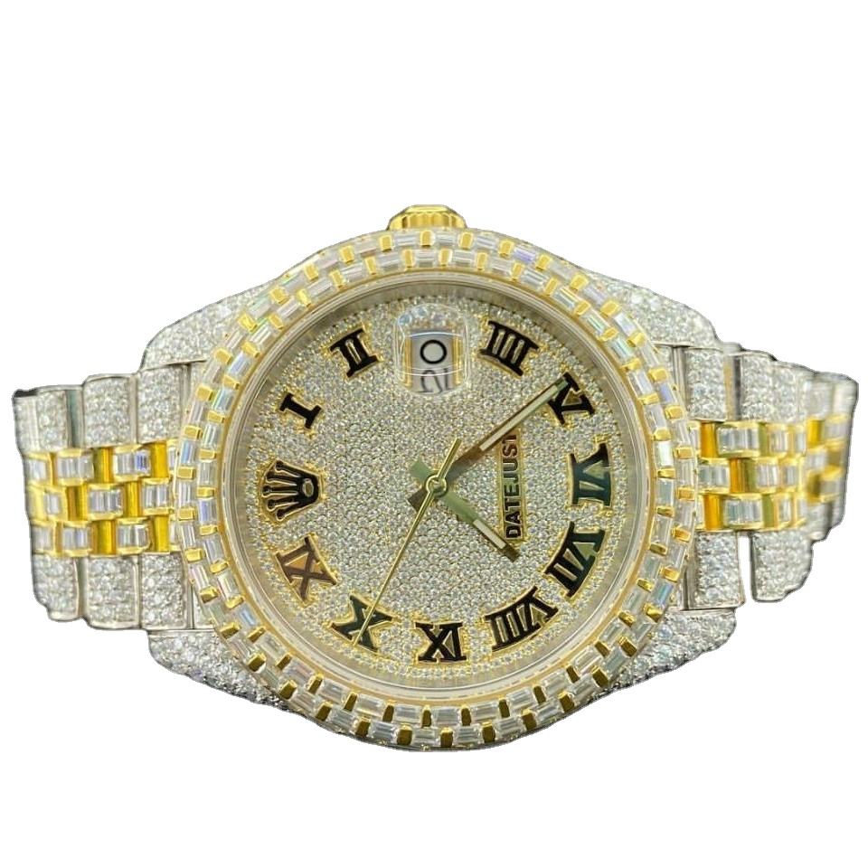 High demand Dual tone Dial VVS Moissanite iced out watch in Cuban jewelry R 105 with iced out bused down hip hop watch