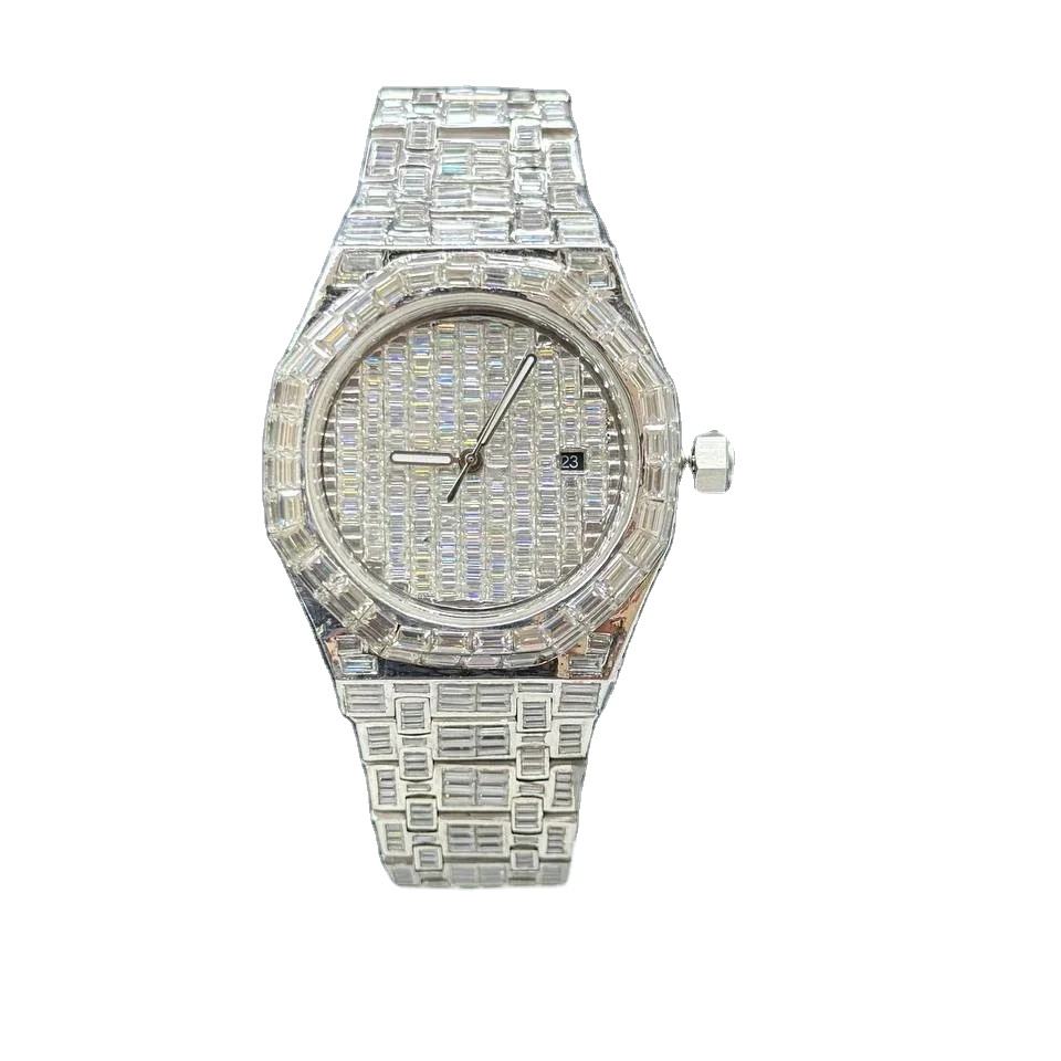 Handmade Moissanite Diamond Watch Iced Out Sterling Silver Watch Unisex Diamond Watch Men Wrist Shiny Bling Hip Hop Fully Iced