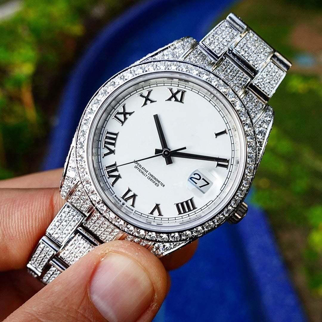 Fully Iced Out White Dial Luxurious VVS Moissanite Wrist Watch / Diamond Watch Unisex Hip Hop Iced Out Diamond Watch