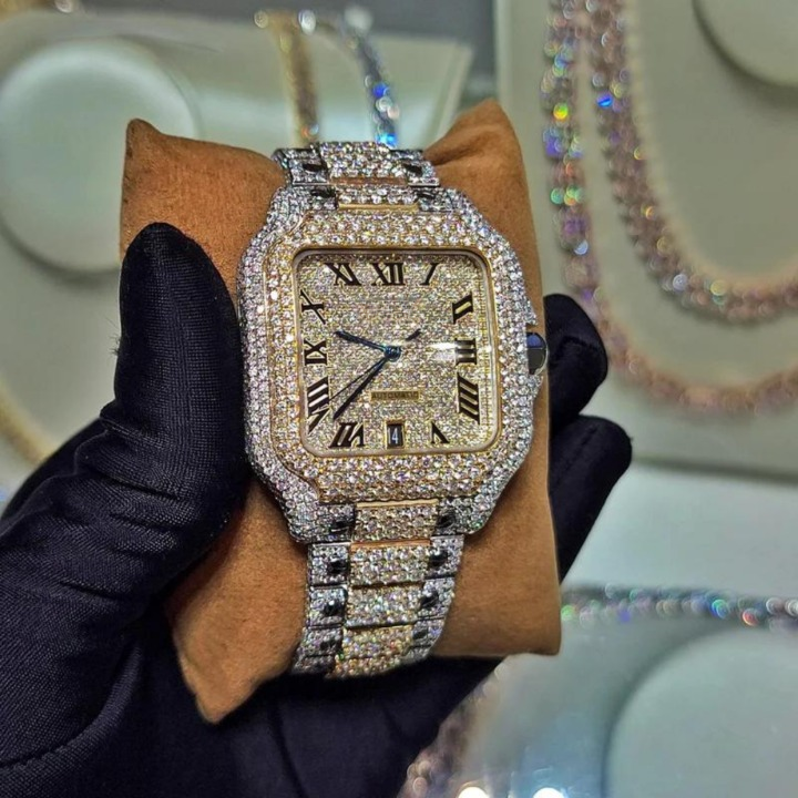 Original Branded Handmade Premium Quality Black Round Dial Half Iced Out Unisex Luxury Fine Jewelry VVS Moissanite Diamond Watch