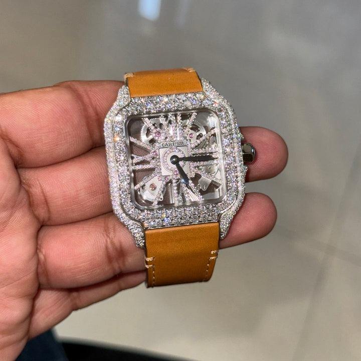 Iced Out Moissanite Diamond Watch Brown Leather Strap Stainless Steel Diamond Watch For him Men's Jewelry Gift For Him