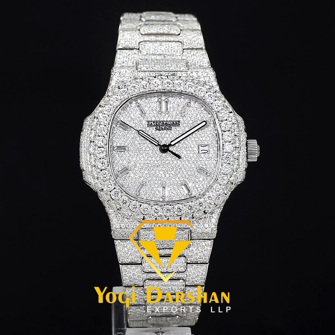 Unique latest stainless steel bling diamond strap hip hop wrist watch in lab grown luxury diamond for mens trendy fashion