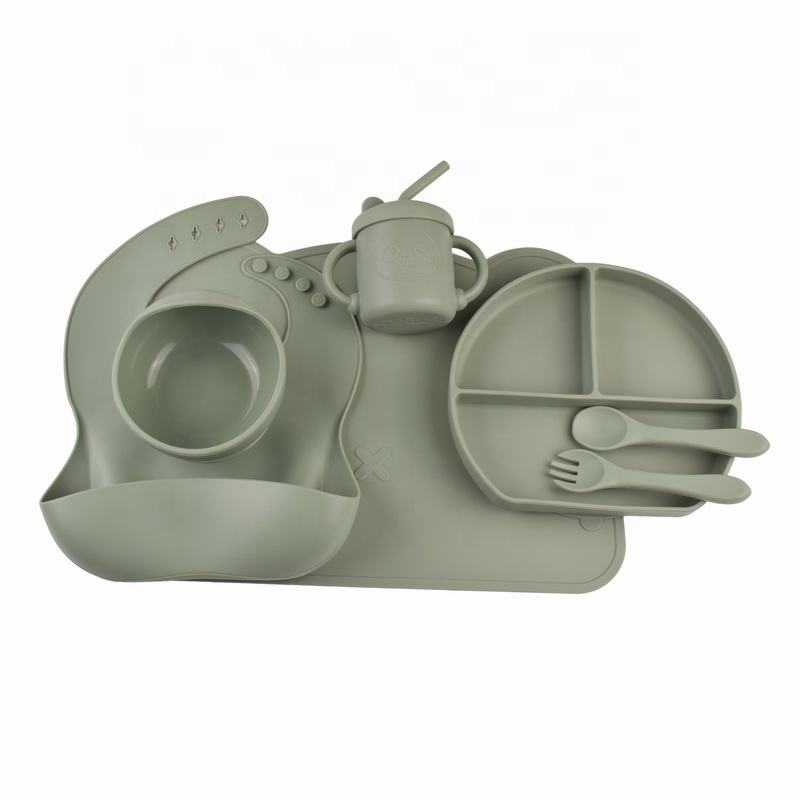 CPC Approval Factory Wholesale Best Sales Baby Tableware Dinner With Sippy Cup Bowl Spoon Fork Bib For Silicone Baby Feeding Set