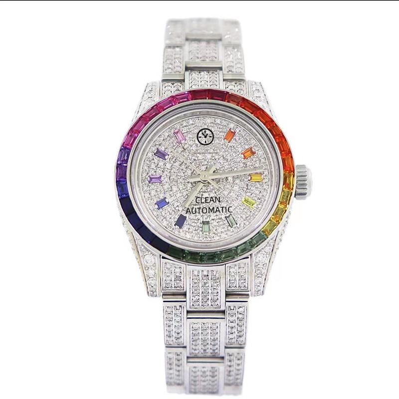 Luxury Bling-ed Out Colorful Full Diamond Watches Fashion Quartz Stainless Steel Band Bracelet Wrist Watch