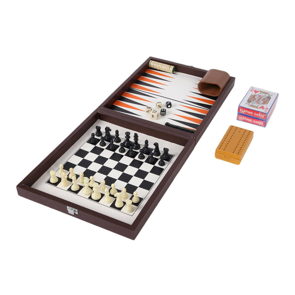 Custom wooden toys High-end PU leather boxes store backgammon checkers and chess inside