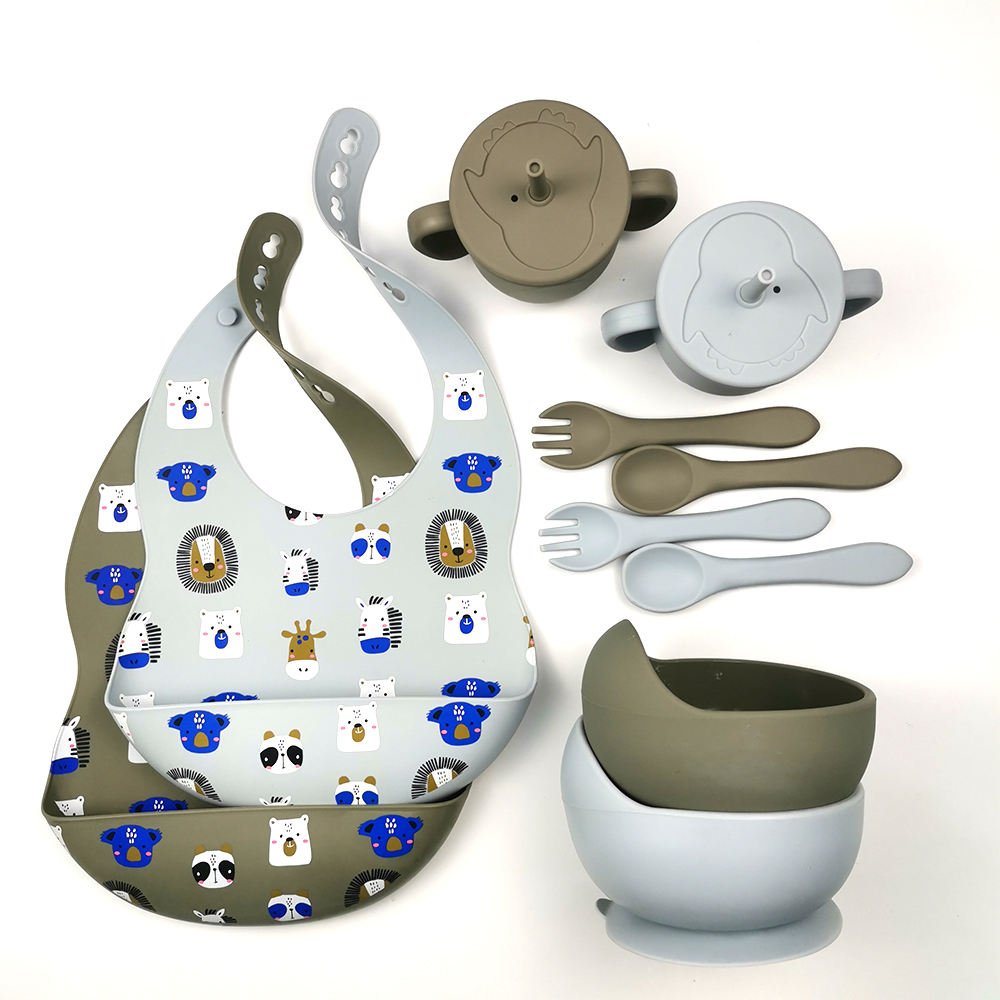 Baby Silicone Feeding Set Suction Bowl Glass Spoon And Fork Waterproof Bib Babero Tableware Set Sippy Cup
