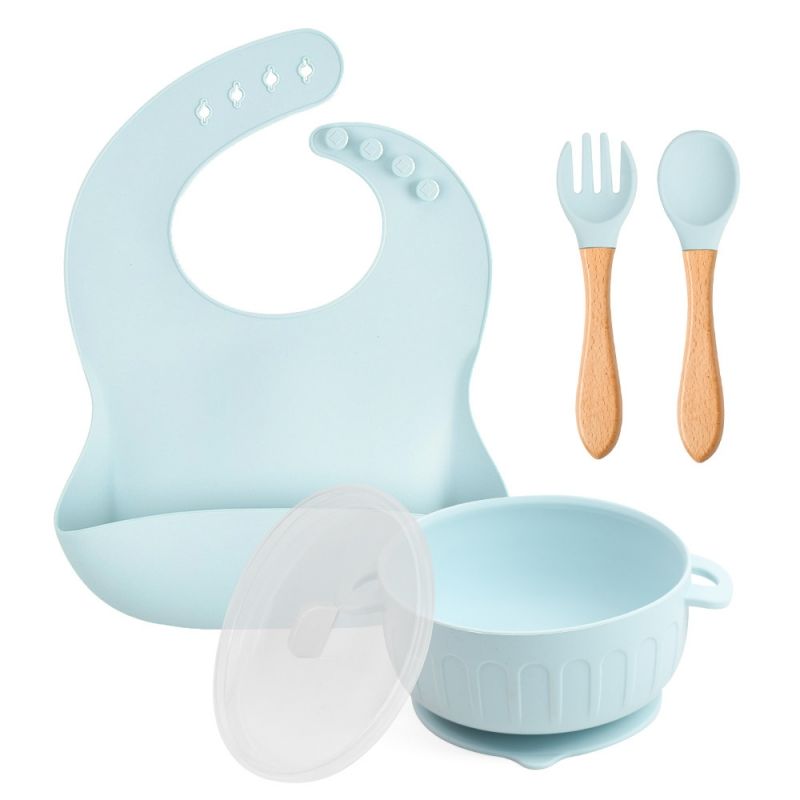 2024 Wholesale New Baby Products Led Weaning Set BPA Free Silicone 4 Piece Children Bamboo Suction Bowl Spoon Baby Feeding Set