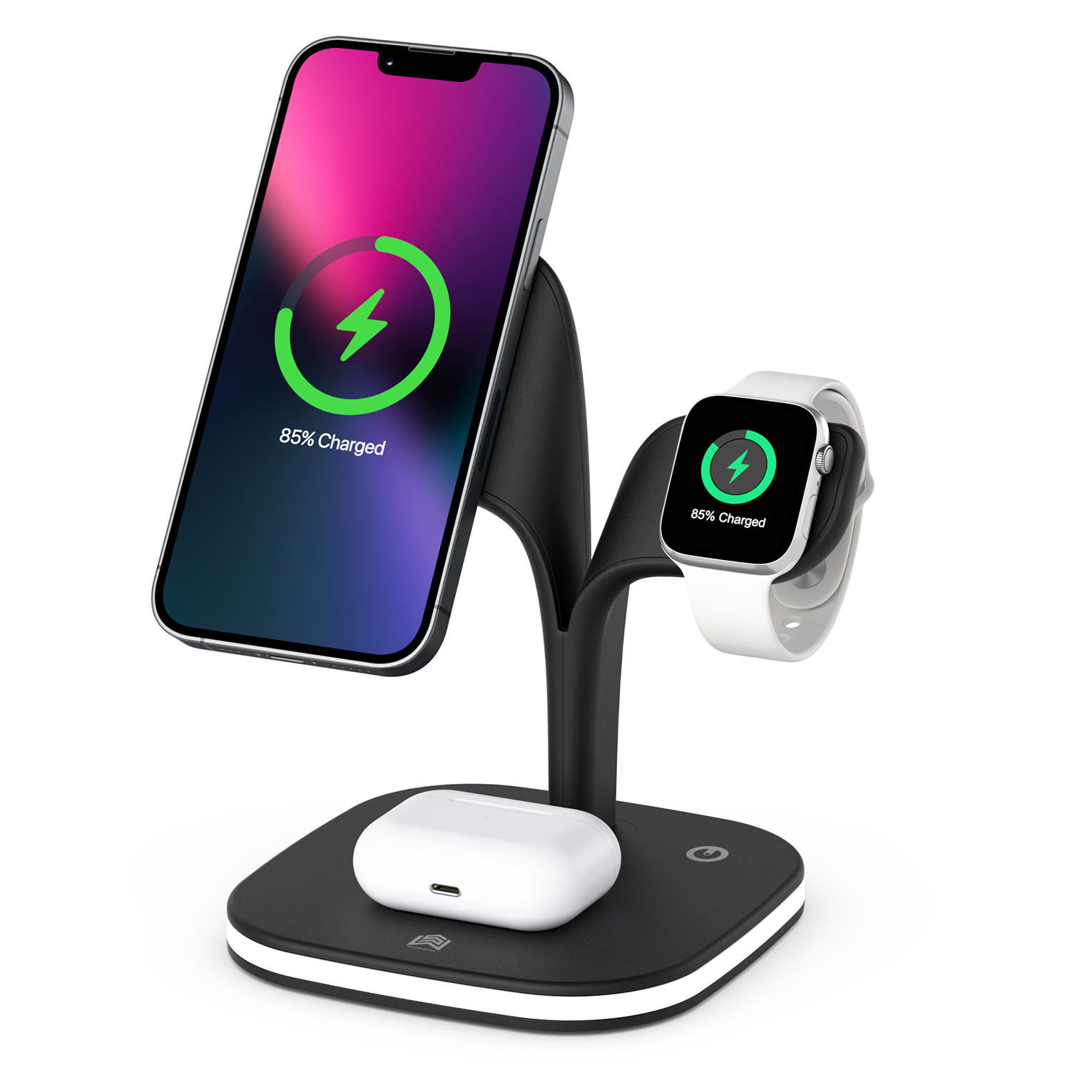 Wireless Receiver Mobile Phone Wireless Charger Stand with LED Light for iPhone 13/12 Series Black White