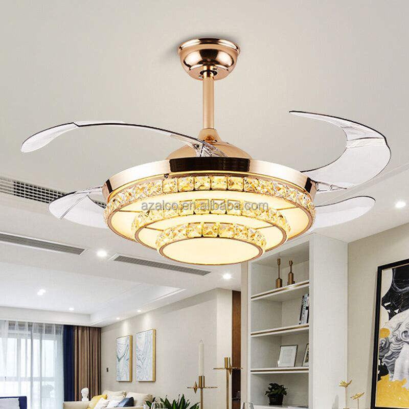 42'' Crystal Invisible Fan Ceiling Light with LED Light Kit and Remote Control Fan Chandelier Home Fan Lamp Decor Silver