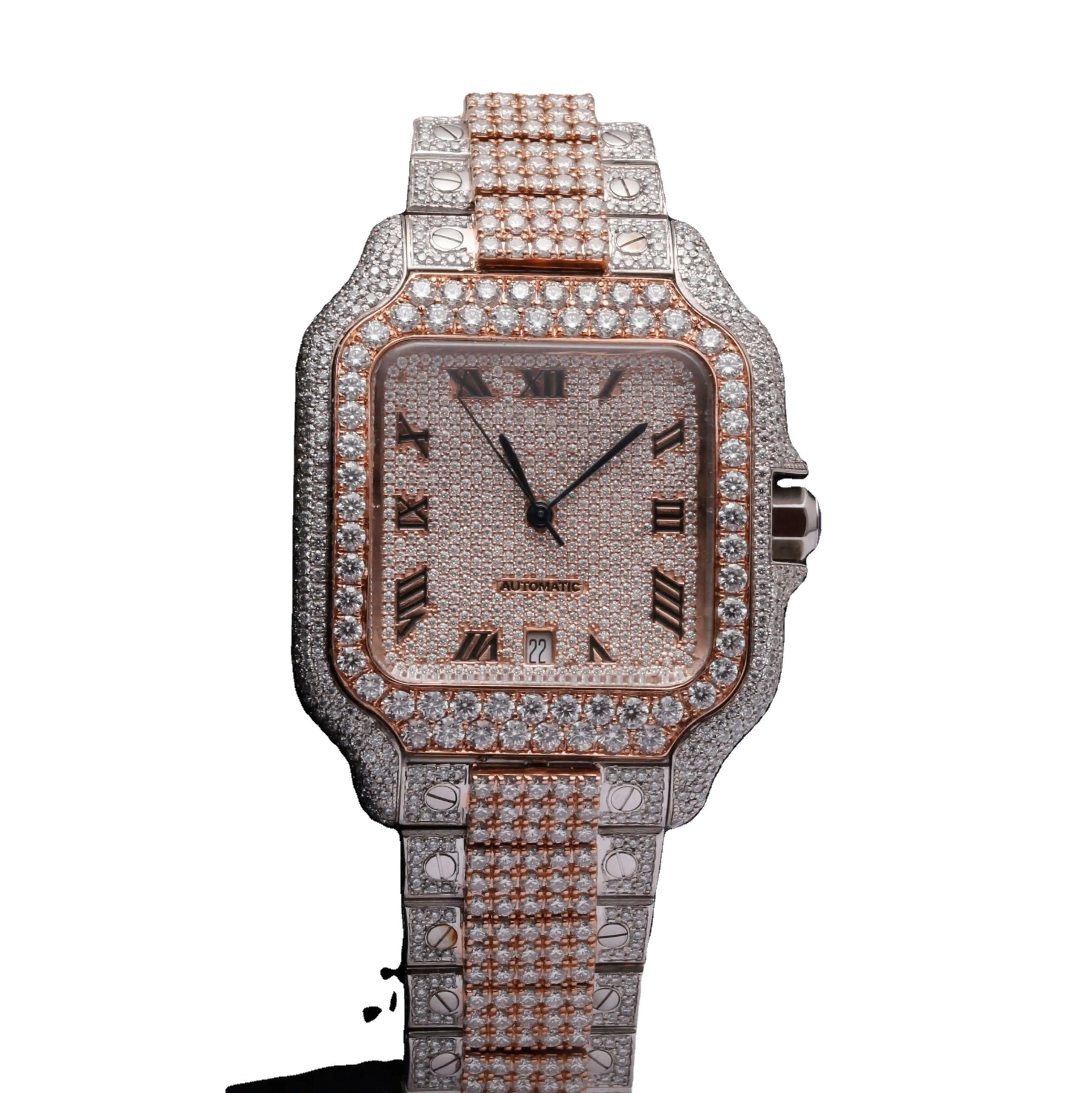 Luxury Handmade High Quality Automatic Brand Setting Band Iced Unisex Sterling Silver Fine Jewelry Moissanite Diamond Watch