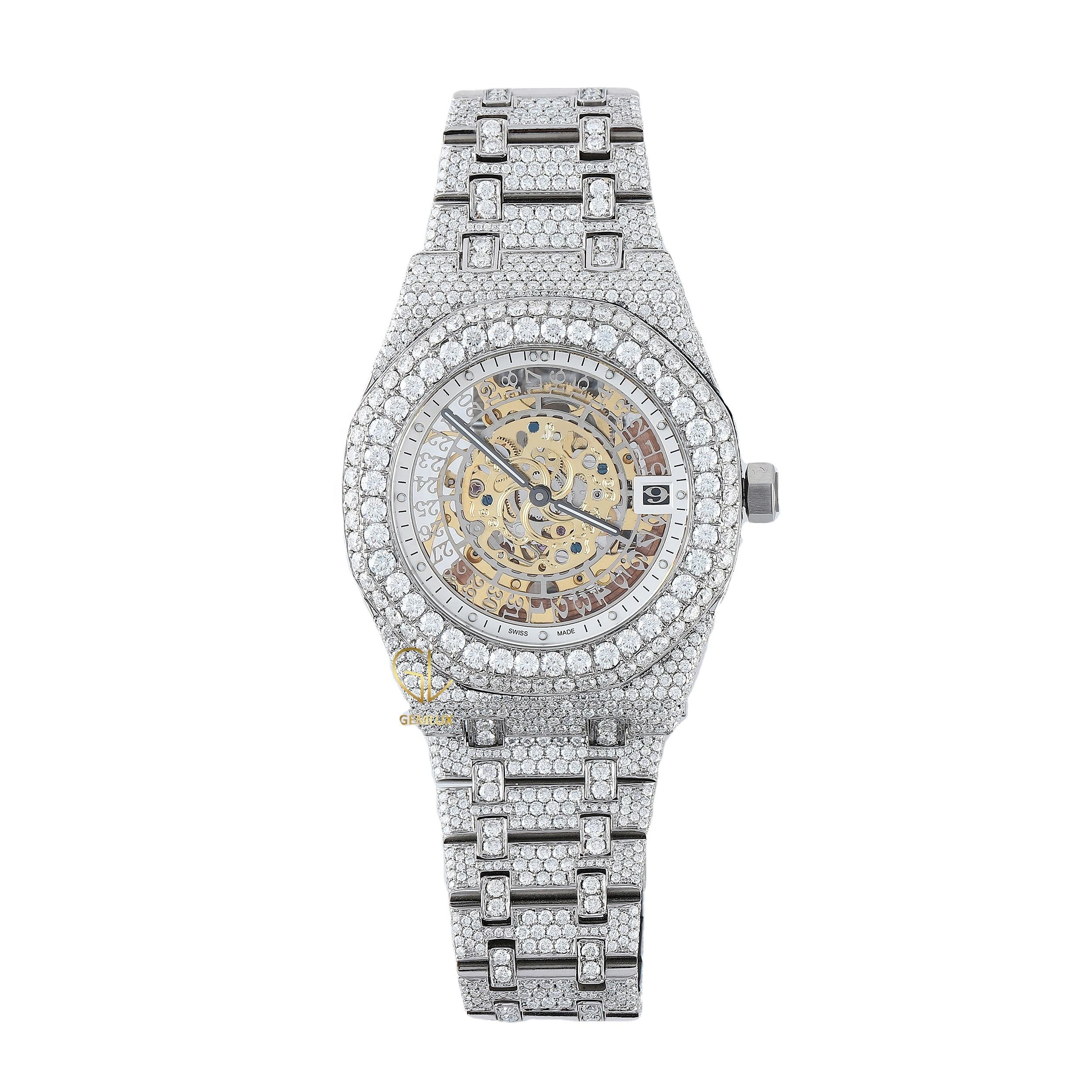 D Vvs Round Cut Full Iced Out Hip Hop Skeleton Stainless Steel Belt Luxury Design Top Quality Real Moissanite Diamond Watch