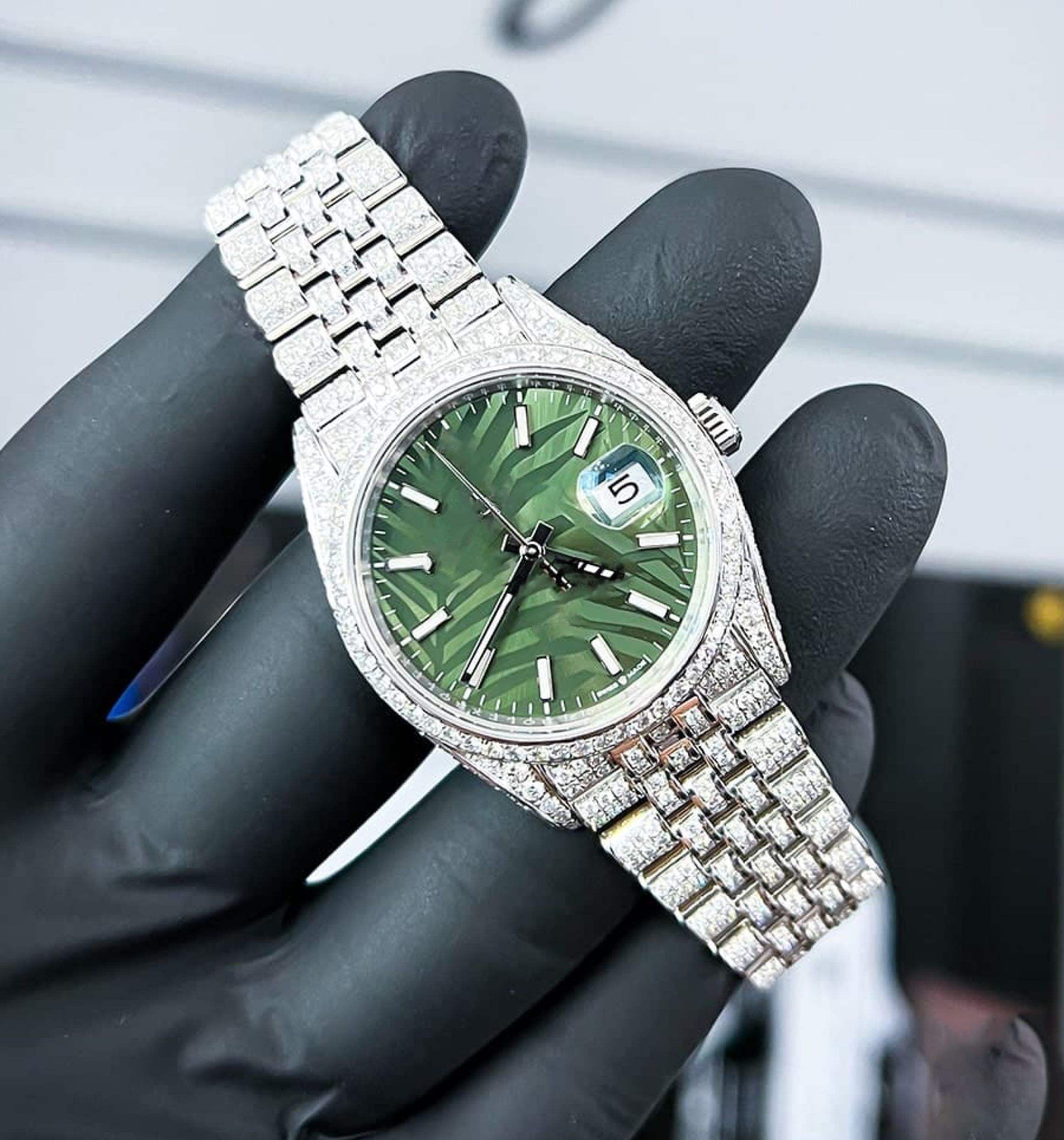 Exquisite 41MM Jubilee Olive Green Moissanite Diamond Watch with Steel Case Autometic Movement Luxury Sale by Indian Exporters