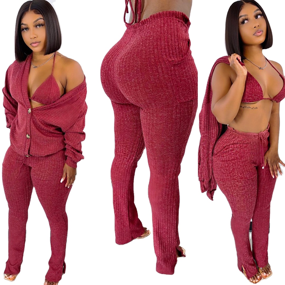 Women Coats Winter Three Piece Set Women Matching Clothing Sexy Sweater Casual Jackets Pants Set For Woman 