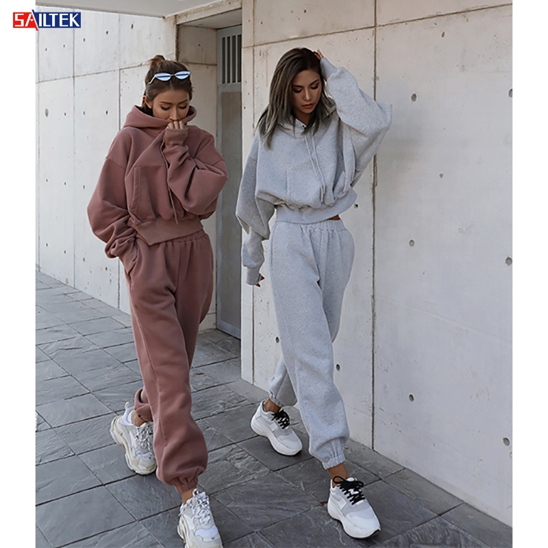 2024 Spring Jogger Jumpers Gym Custom Workout Velvet 2 Piece Women Set Crop Top Oversize Hoodie Women Organic Cotton Sweatshirt 