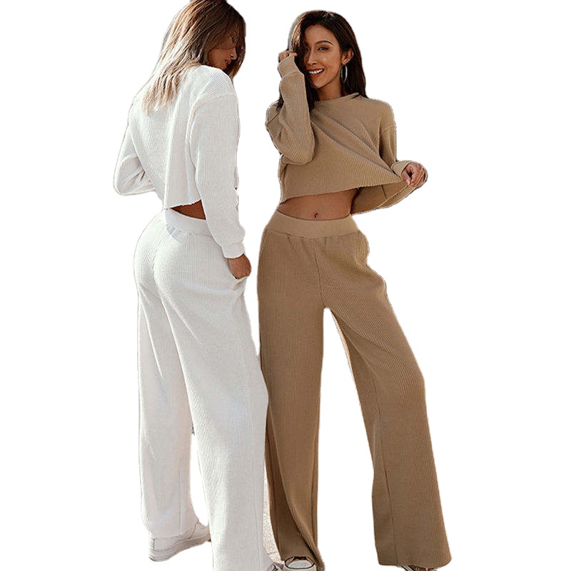 Custom Womens Waffle Cotton Sweatshirt Set For Women Waffle Knit Lounge Set 2 Piece Outfits Loungewear Sweatsuit With Pockets 