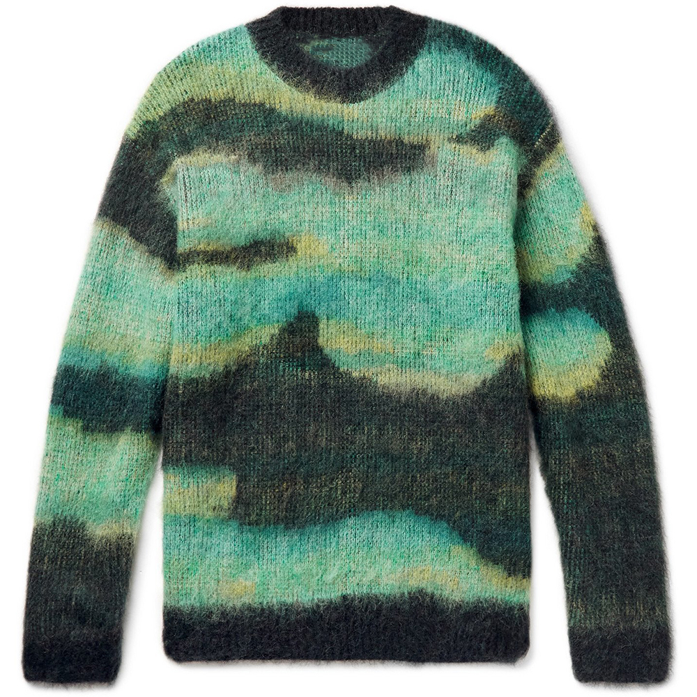 Custom Logo Oem &amp; Odm Men Mohair Sweater Fuzzy Jacquard Pattern Pullover Knit Crew Neck Knitwear Winter Knitted Sweater Men 