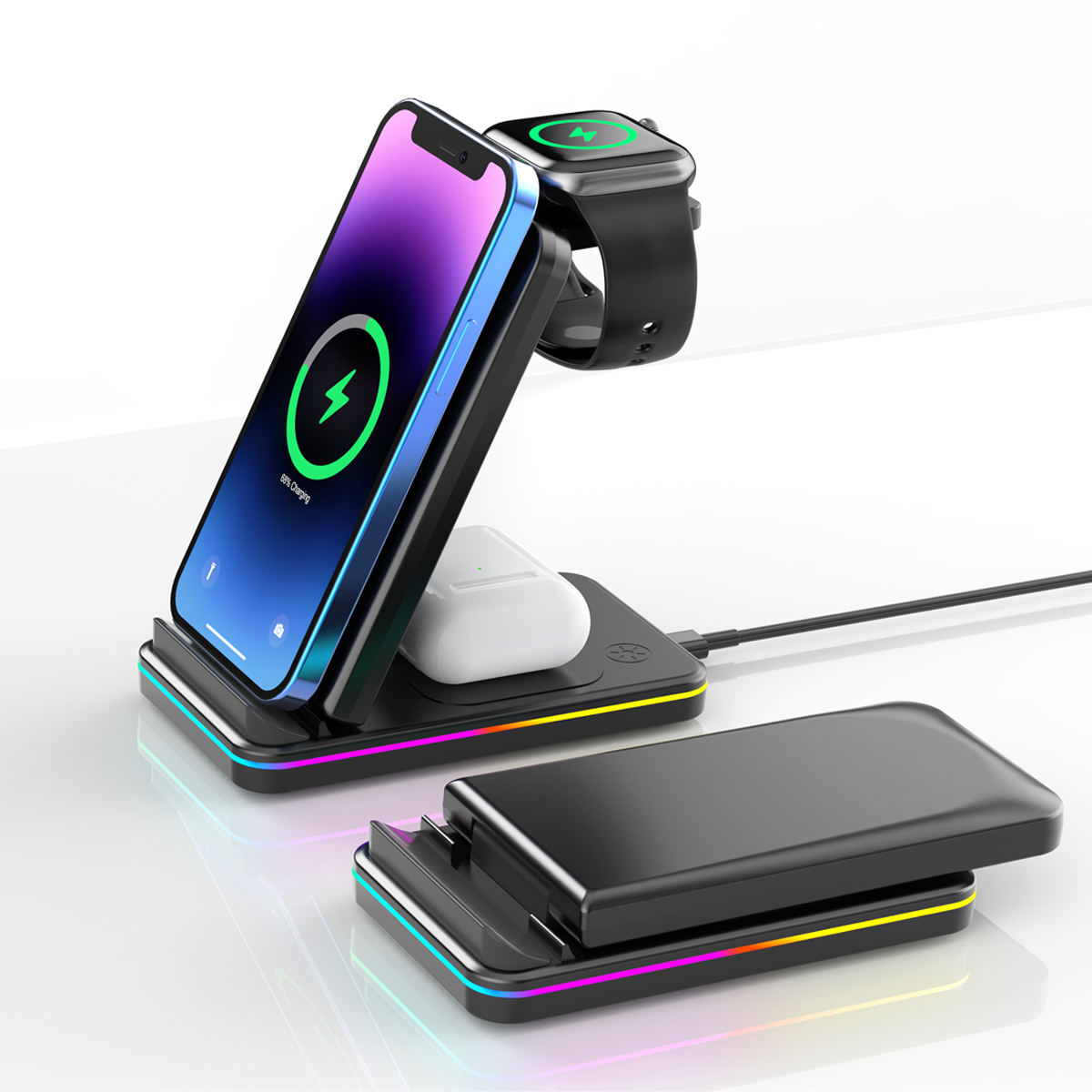 2024 Trend Foldable Qi Fast 15w 3 In 1 Wireless Charger Stand For Iphone 11 12 13 14 Pro Max Samsung Charging Station 