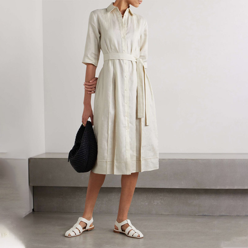 Custom Linen Dress For Women Natural 100% Linen Solid Color Turn Down Collar Breathable Midi Women Linen Dresses 