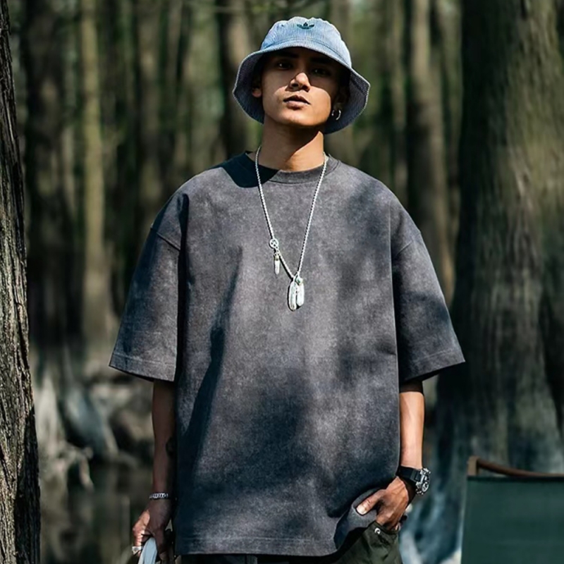 Oem Wholesale Men's Washed Tee Heavy Weight Black Graphic T-shirt Acid Wash Vintage Custom T Shirt For Men 