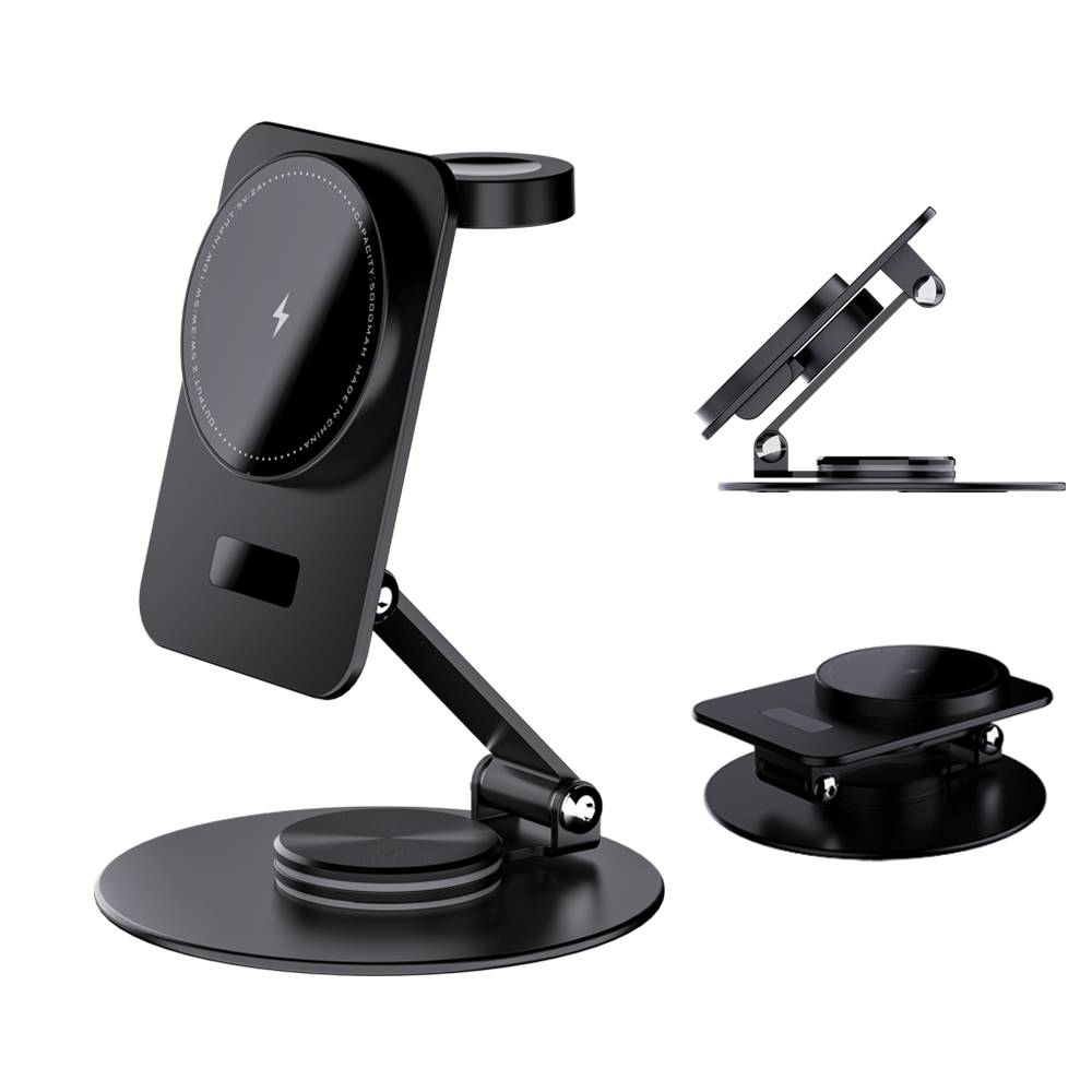 New Arrival 2024 15w Magnetic Phone Stand 360 Degree Adjustable 3 In 1 Wireless Charger Holder Travel Foldable Charger Custom Qi 