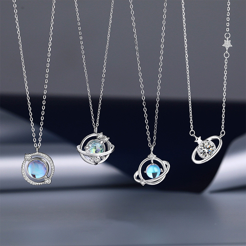 Fashionable 925 Sterling Silver Moonstone Planet Asteroid Women's Pendant High Jewelry Necklace 
