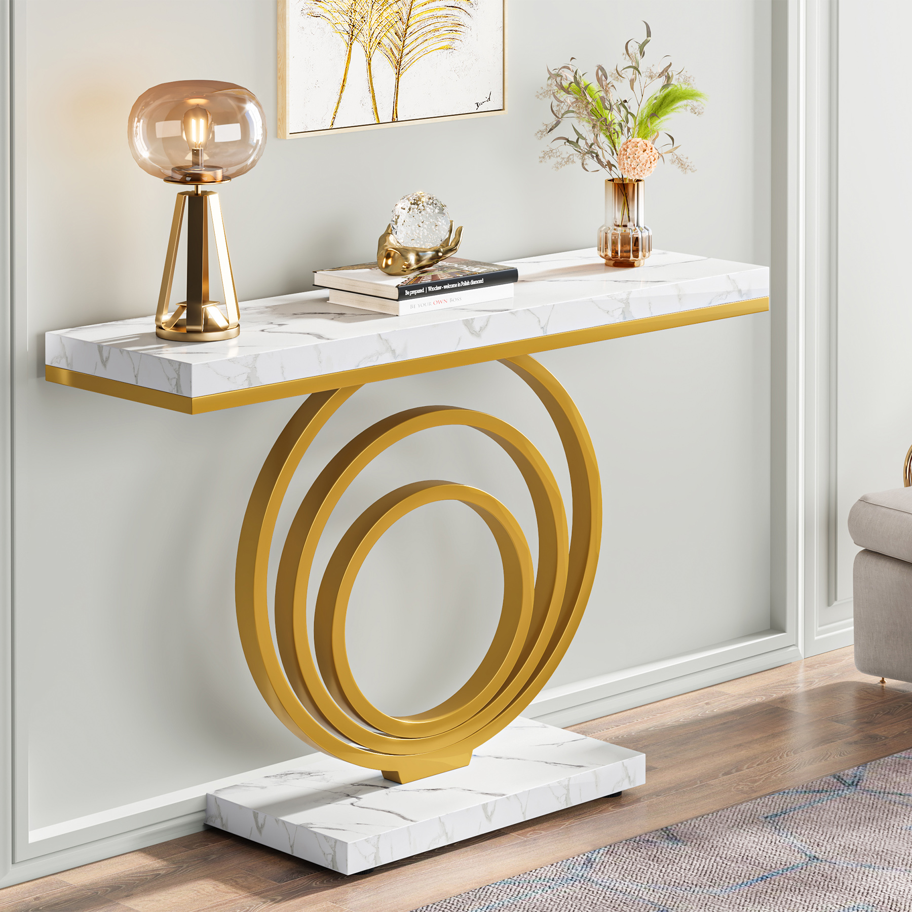 Tribesigns Wholesale 41 Inch Modern Entryway Sofa Table Contemporary Gold Marble Console Tables Living Room Furniture 