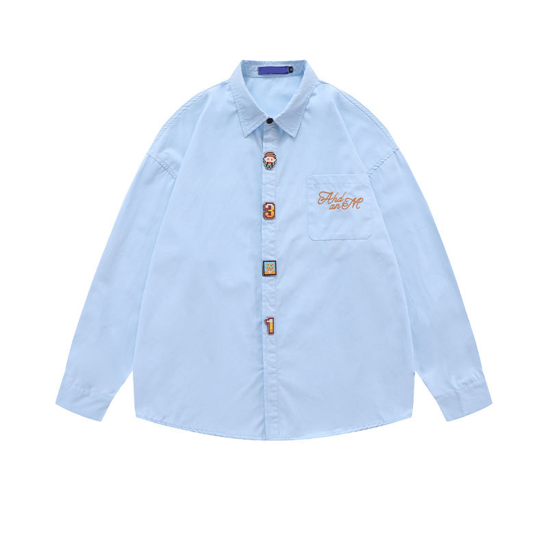 Japan Style Plus Size Men's Solid Color Embroidery Logo Long Sleeve Shirt 