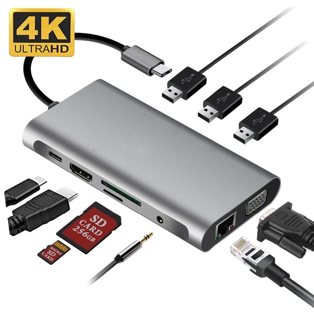 10 In 1 Hub Type C To Hdmi Vga Adapter Rj45 Lan Ethernet Sd Tf Pd Usb3.0 3.5mm Jack Audio Video Usb C Hub Computer Accessories 