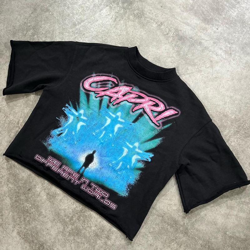 Oem Custom Graphic Boxy Cropped Cotton Casual Thick Neck Streetwear Vintage Oversized Men's T Shirt 