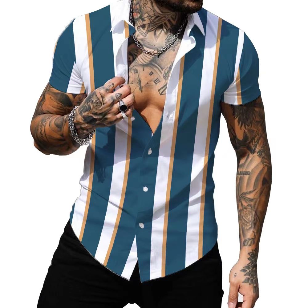 3d Printed Fashion Striped Men's Shirt Summer Casual T-shirt Hawaiian Polo Shirt Beach Holiday Button Up Men's Clothing 