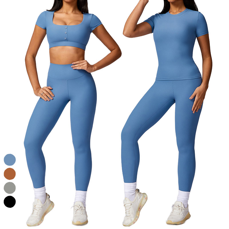Women Ribbed Sports Wear Short Sleeve Top Hight Waist Leggings Workout Yoga Clothes Butt Lift Tight Gym Activewear Sets 