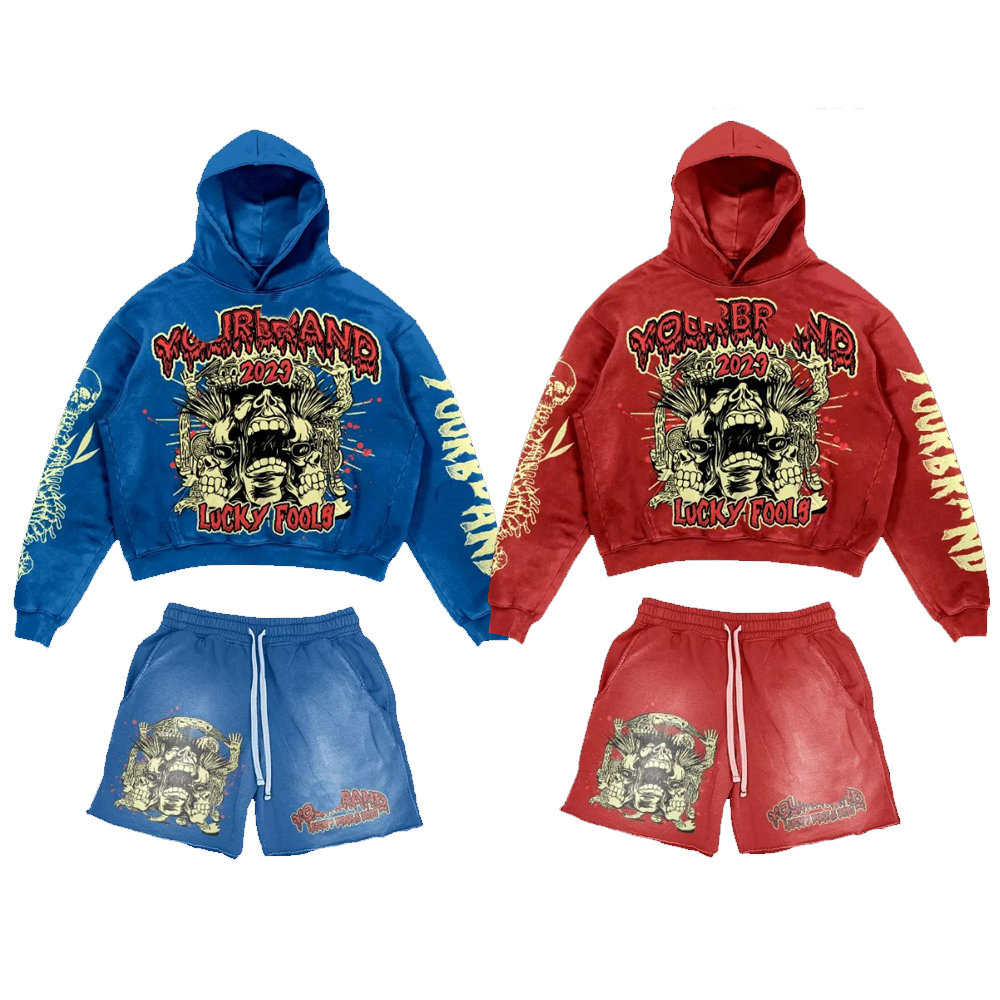 High Quality Custom Logo Vintage Hoodies And Shorts Sets Pullover Acid Wash Dtg Print Hoodie Hip Hop Cotton Sun Faded Tracksuit 