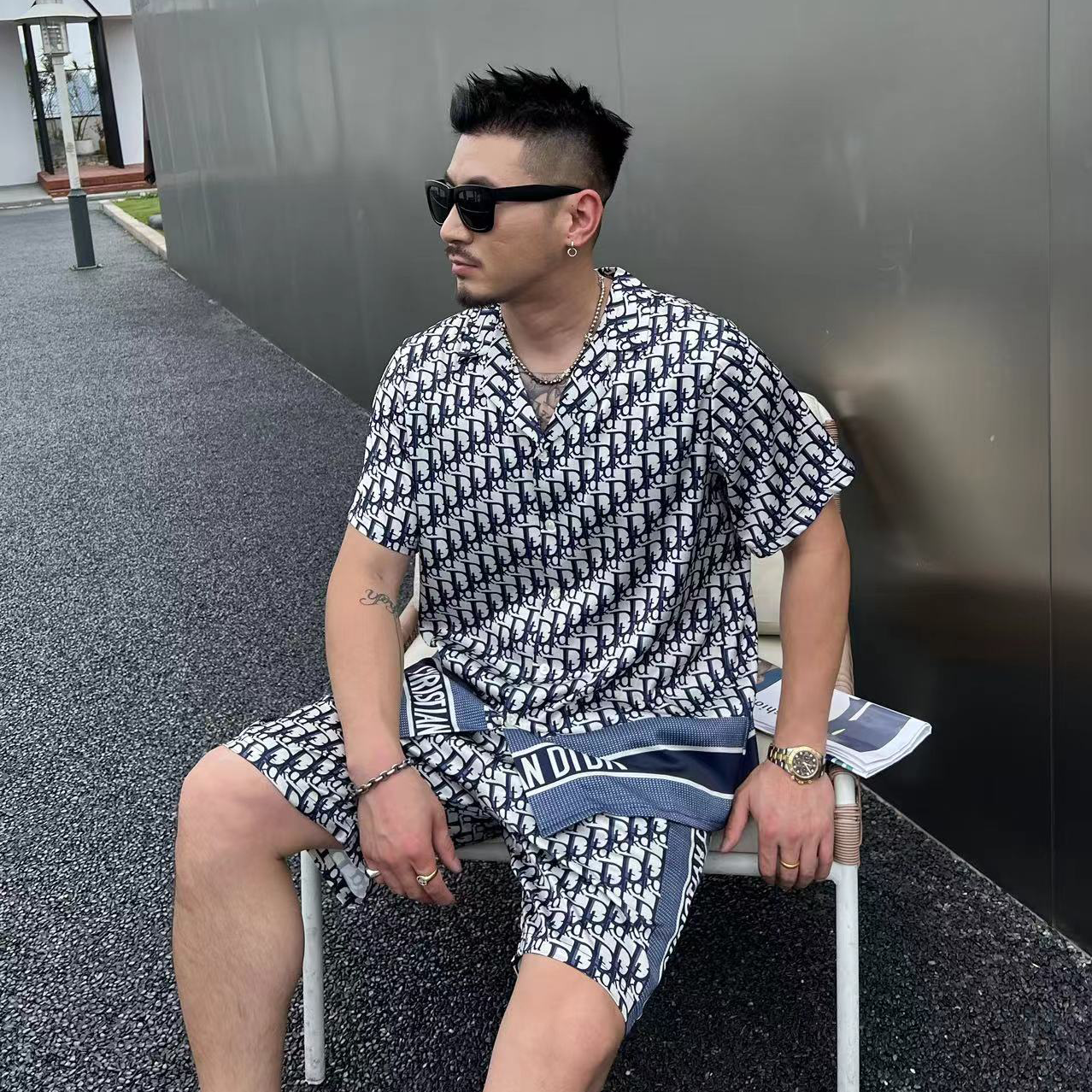 Wholesale Original Design Casual Blue Letter Print Satin Silk Men Shirt And Shorts Two Pieces Set 2024 