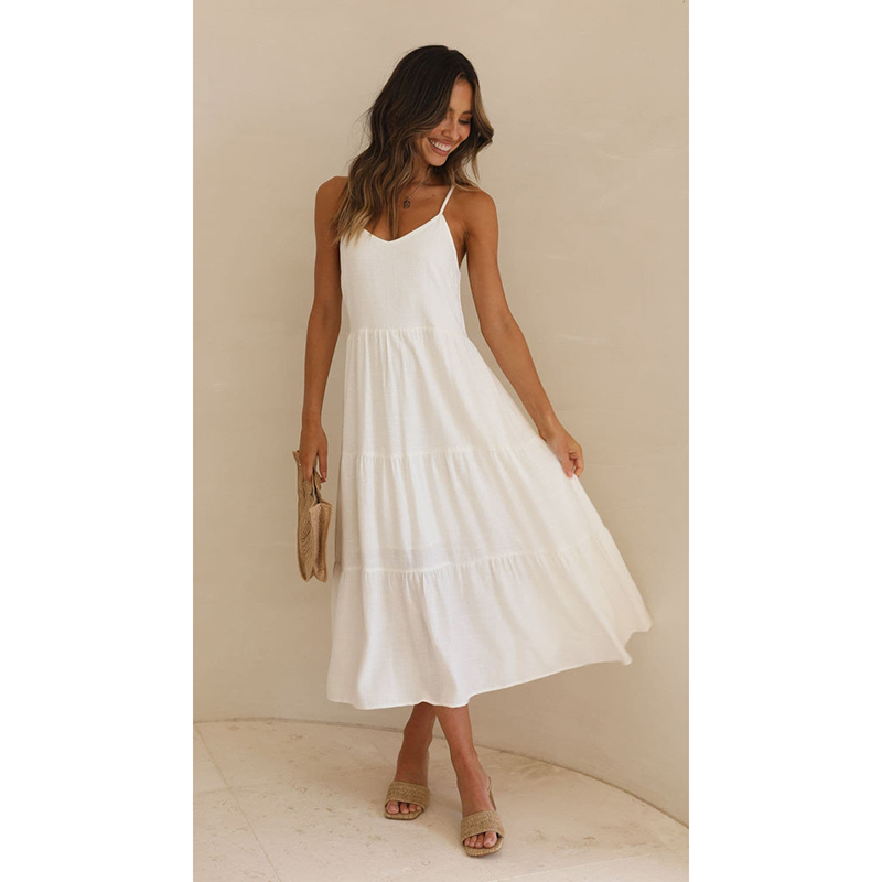 Wholesale Off Shoulder Shirred Panel Back Casual High Waist Relaxed Fit Side Pockets Beach Sexy Wrapped Chest Midi Dress 