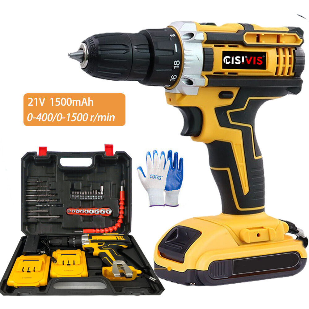 21v Cordless Electric Impact Drill Set New Driver With Charger &amp; 2 Batteries Power Drill 