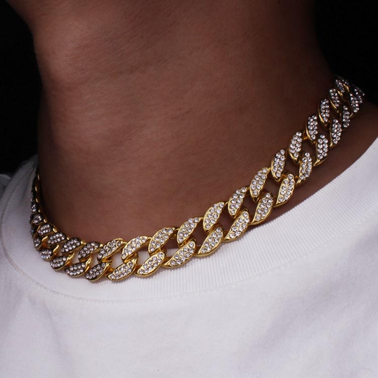Bling Rhinestone Golden Finish Miami Cuban Link Chain Necklace Men's Hip Hop Necklace Jewelry 