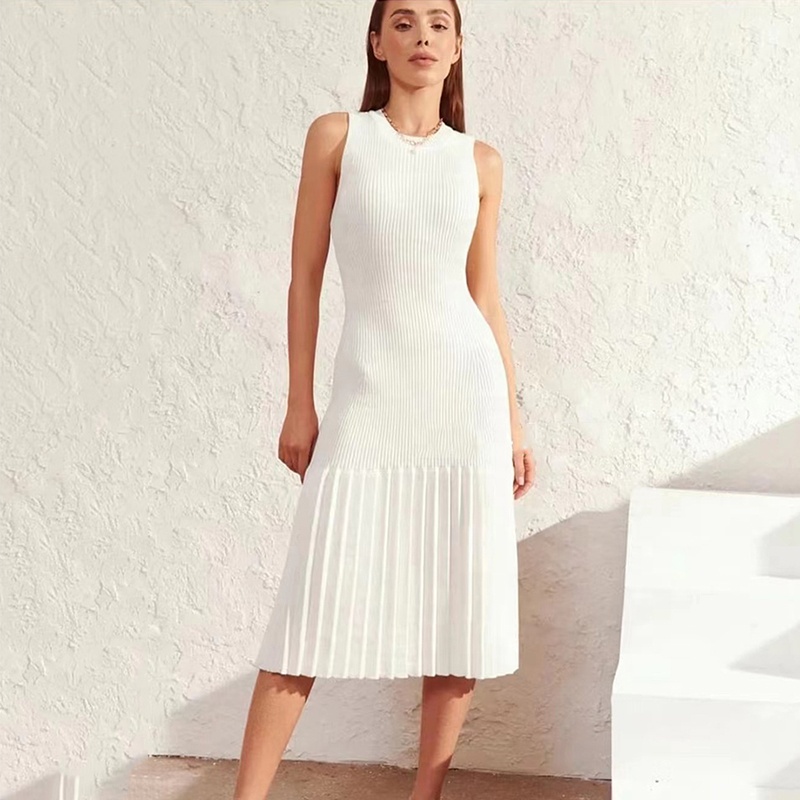 Knitwear Manufacturer Custom Spring Summer White Crew Neck Sleeveless Pleated Women's Knit Sweater Dress 