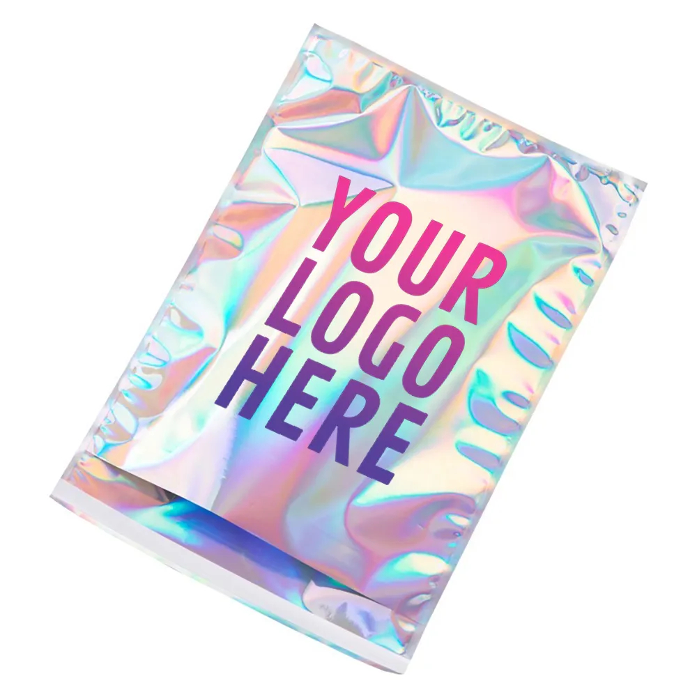 Custom Glossy Adhesive Aluminium Mailing Envelopes Packaging Rainbow Metallic Bag Holographic Foil Poly Mailing Bag 