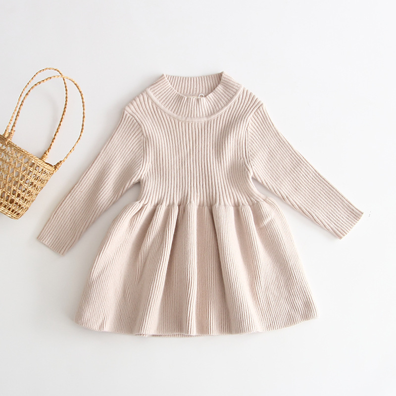 Knitted Toddler Baby Girl Cotton Dress Clothing Cute Solid Long Sleeve Kids Sweater Dresses 1-2 Year Girl Ruffle Dress 