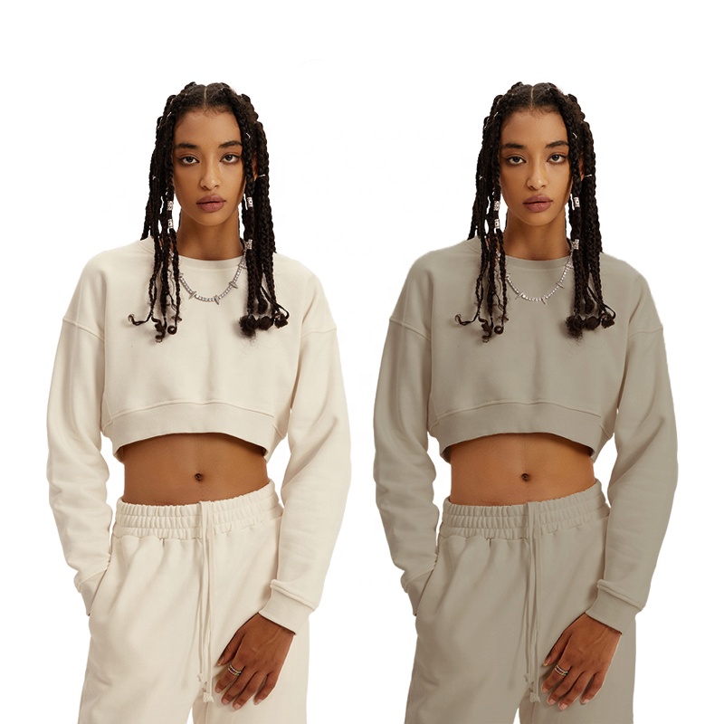 Cropped Crew Neck Long Sleeve Thick Sweatshirt For Women Cotton Set Custom With Printed Logos Women's Clothing 