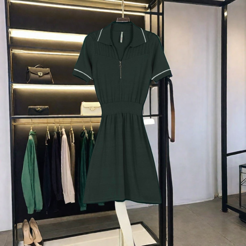 Women Knitted Thick Summer Elegant Short-sleeved Turndown Collar Long Waist-tightening Dress With Metal Chain 