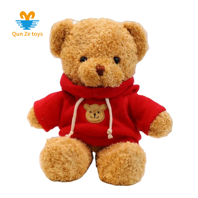 Customize Manufacturer Cute Curly Hair Light Brown Teddy Bear Plush Toy With Red Hoodie 