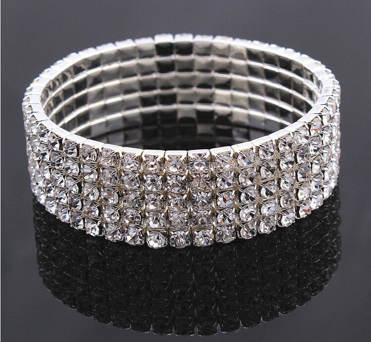 Wristband Women Wedding Bridal Jewelry Bling Fashion 2 3 4 5 Rows Full Crystal Rhinestone Elastic Bracelet Bangles 