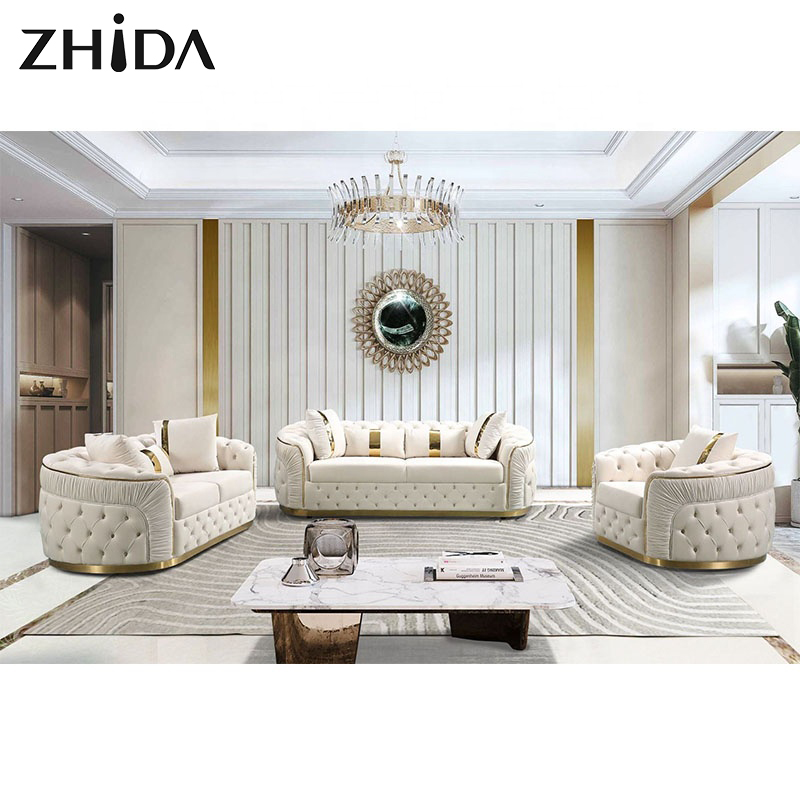 Factory Outlet European Style Luxury Metal Feet Chesterfield Sofa Couches Velvet Pull-out Plush Living Room Sofa Set Furniture 