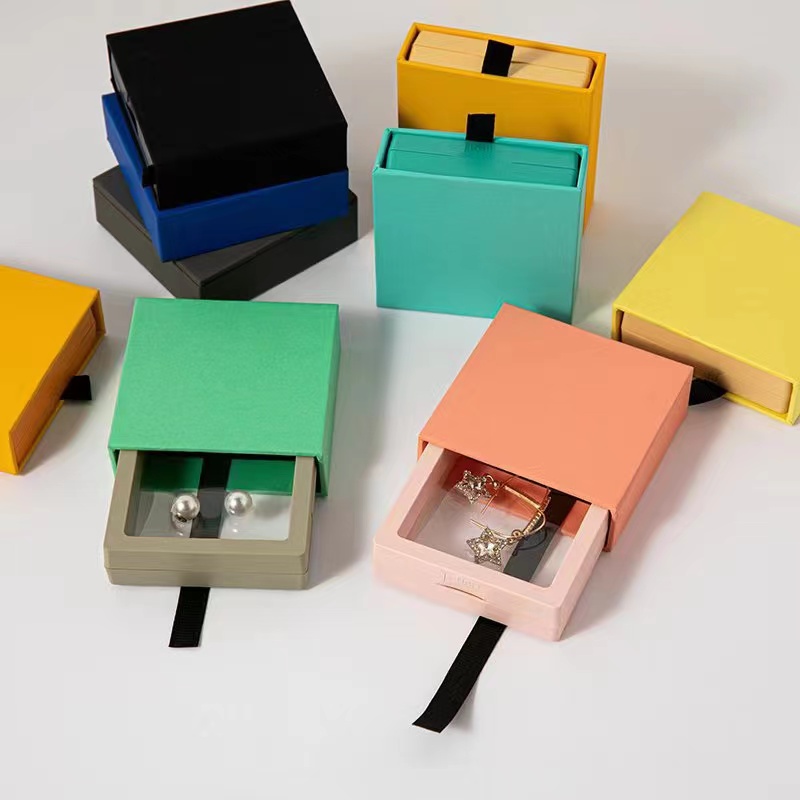 Transparent Jewelry Packaging Box Colorful Drawer Storage Box Pe Film Display Boxes For Ring Earring 