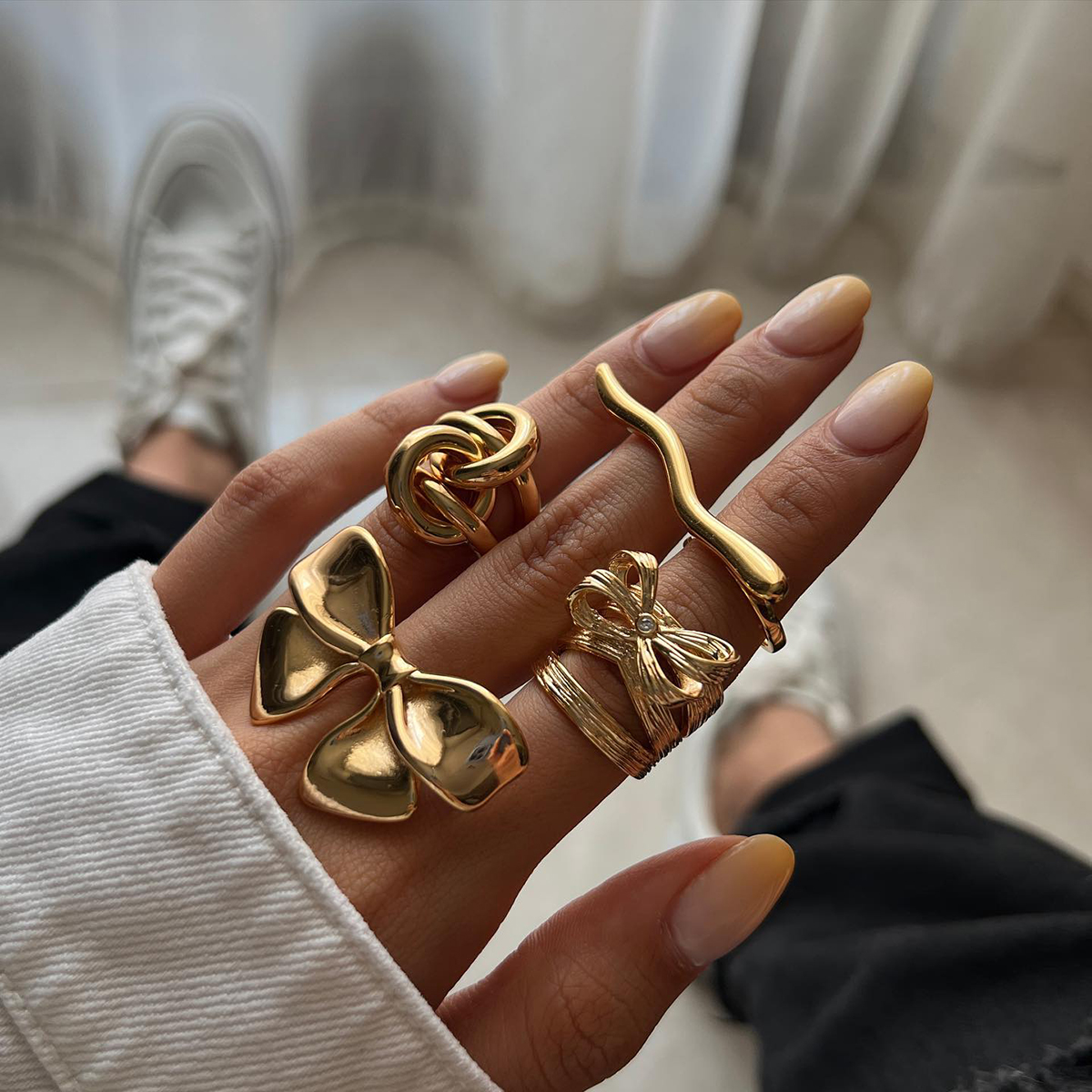 J&amp;d Simple 18k Gold Plated Rings Jewelry Women Stainless Steel Adjustable Corrugated Line Open Rings 