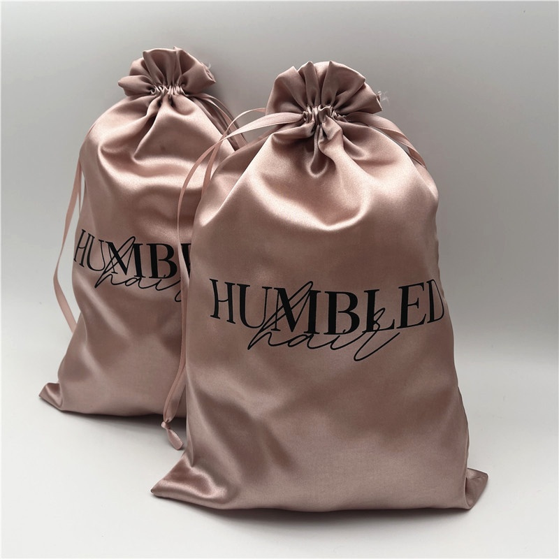 Custom Logo Human Hair Extension Storage Pouch Wig Packaging Bags Rose Gold Silk Satin Drawstring Bundle Hair Bags For Bundles 