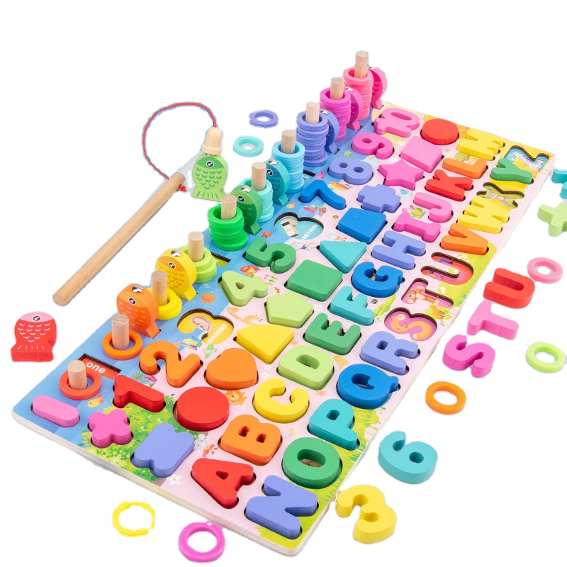 Wholesale Montessori Educational Mathematics Smart Games Fishing Sensory Toys Geometric Shapes Wooden Baby Toy Activity Board 