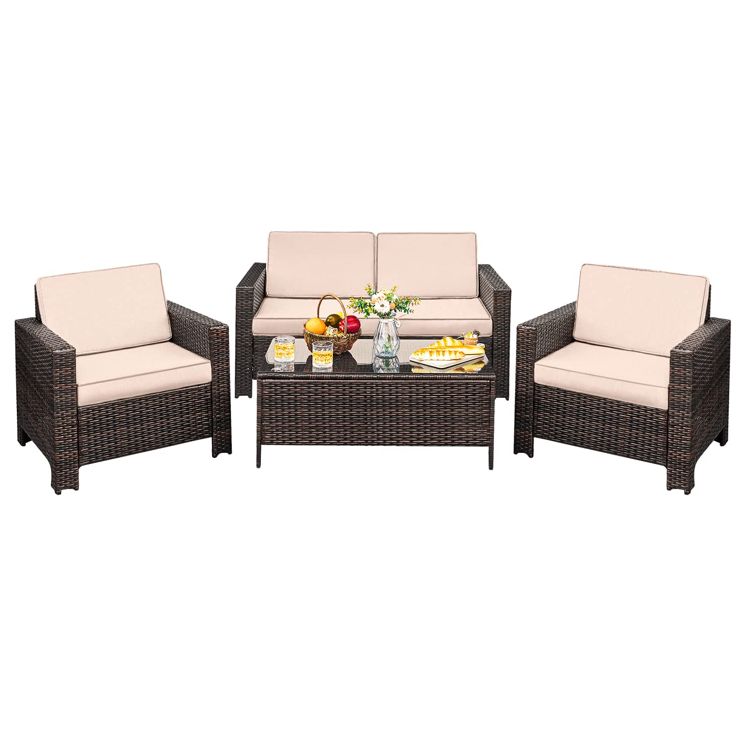 Waterproof Outdoor Rattan Furniture Patio 4 Pieces Wicker Sofa Sets Garden Conversation Sets With Tempered Glass And Cushion 