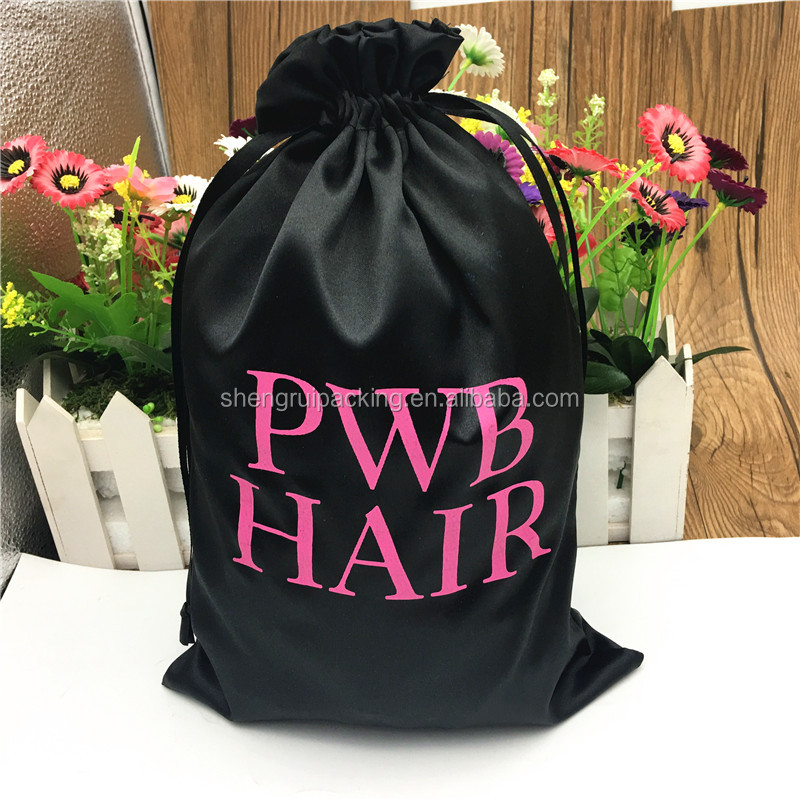 Custom Color Printed Satin Drawstring Bags For Hair,Luxury Satin Wig Packaging Bags,Pink 20*30cm Silk Satin Hair Extension Bag 